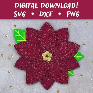 Poinsettia Flower Card SVG | Christmas Card Template | Papercut SVG Card Cut File | Cricut Silhouette Glowforge DIY | Instant Download
