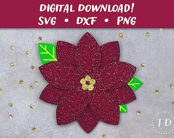 Poinsettia Christmas Card SVG: Layered Floral Holiday Greeting Card Papercut Template DIY (Digital Download)
