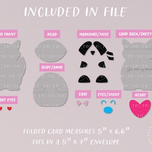 May include: A printable digital download of a card design featuring a fox with the text "You stole my heart!" The design includes a card front, card back, head, body, arms, ears, eyes, snout, and heart. The card measures 5 inches by 6.6 inches and fits in a 5 inch by 7 inch envelope.