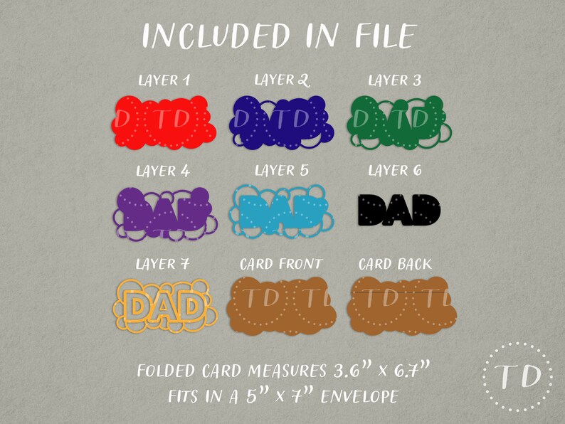 Pu&ograve; includere: Un download digitale di un design di biglietto a strati per un biglietto di auguri per la festa del pap&agrave;. Il biglietto presenta la parola "DAD" in diversi colori e stili. Il biglietto misura 3,6 pollici per 6,7 pollici e si adatta a una busta da 5 pollici per 7 pollici.