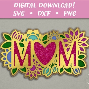 Tarjeta con flores para mamá / Tarjeta del día de la madre feliz SVG / Archivo de corte de tarjeta SVG de corte de papel 3D / Cricut Silhouette Glowforge DIY