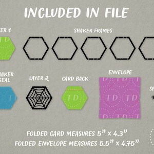 May include: A digital download for a printable Halloween card with a spider web shaker element. The card measures 5 inches by 4.3 inches and the envelope measures 5.5 inches by 4.75 inches.