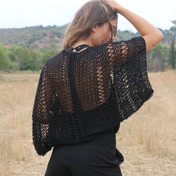 Black open knit boho style shrug, cotton, handmade, hand knit, loose weave, loose fitting, festival, summer, beach, wedding