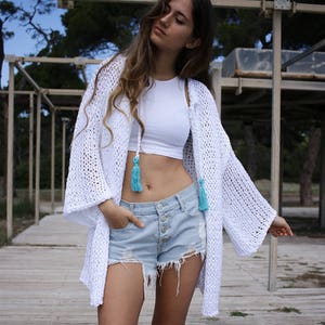 Knit cotton kimono cardigan, loose weave summer sweater, loose knit white cardigan, wide sleeves open front cardigan, oversized cardigan