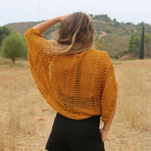 Mustard shrug, open knit shrug, handmade cropped cardigan, hand knit cotton bolero, loose weave shrug, loose fitting boho style shrug