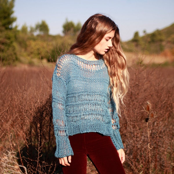 Teal blue open knit grunge sweater, long sleeves, cotton blend