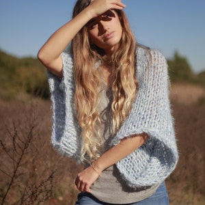 Boho hand knit oversized soft and chunky baby blue shrug image 1