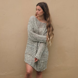 Over sized chunky knit sweater dress, khaki loose weave women's knit sweater, hand-knit slouchy sweater, loose cotton viscose sweater dress