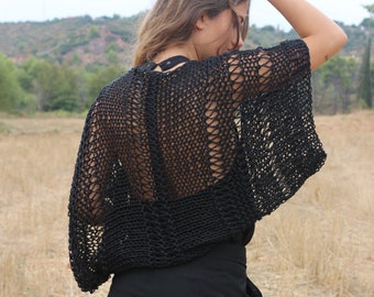 Black open knit boho style shrug, cotton, handmade, hand knit, loose weave, loose fitting, festival, summer, beach, wedding