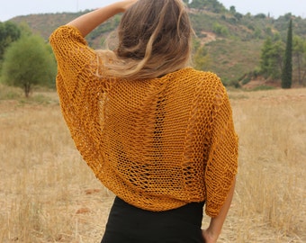 Mustard shrug, open knit shrug, handmade cropped cardigan, hand knit cotton bolero, loose weave shrug, loose fitting boho style shrug