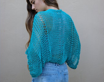 Turquoise cotton shrug, handmade cropped cardigan, open knit cotton bolero, loose weave shrug, loose fitting boho style shrug