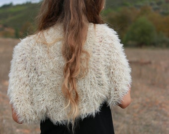 Gold beige faux fur hand knit shrug, women's bolero, formal event shrug, bridal wedding shrug, crop cardigan, boho shrug