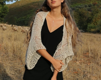 Cream nude shrug, open knit shrug, handmade knit shrug, cardigan, hand knit cotton bolero, loose weave shrug, loose fitting boho style shrug