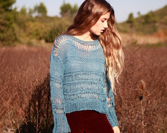 Teal blauwe open gebreide grunge sweater, lange mouwen, katoenmix