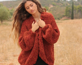 Chunky cardigan in sienna red tweed oversized sweater loose fitting slouchy cardigan women's casual chunky knit sweater