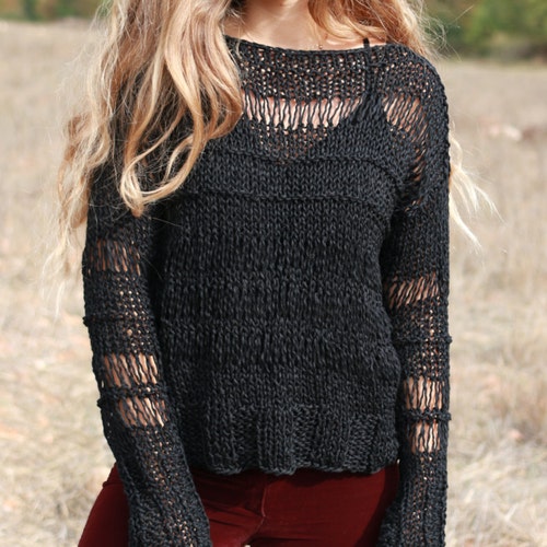 Black Loose Knit Sweater Cotton Sweater Grunge Loose Fitting Etsy