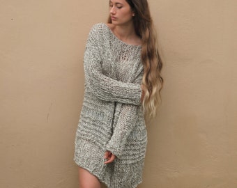 Over sized chunky knit sweater dress, khaki loose weave women's knit sweater, hand-knit slouchy sweater, loose cotton viscose sweater dress