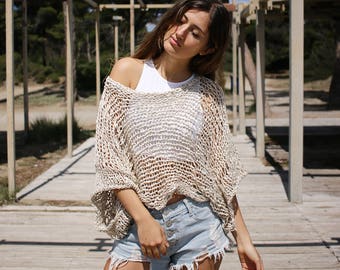 Ecru open knit crop sweater, chunky cropped sweater, cotton sweater, loose knitted beige grunge sweater, crop top