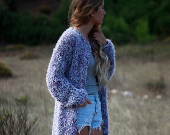 Boho hand knit lavender long sweater coat, wool blend chunky cardigan, soft and fluffy shaggy duster