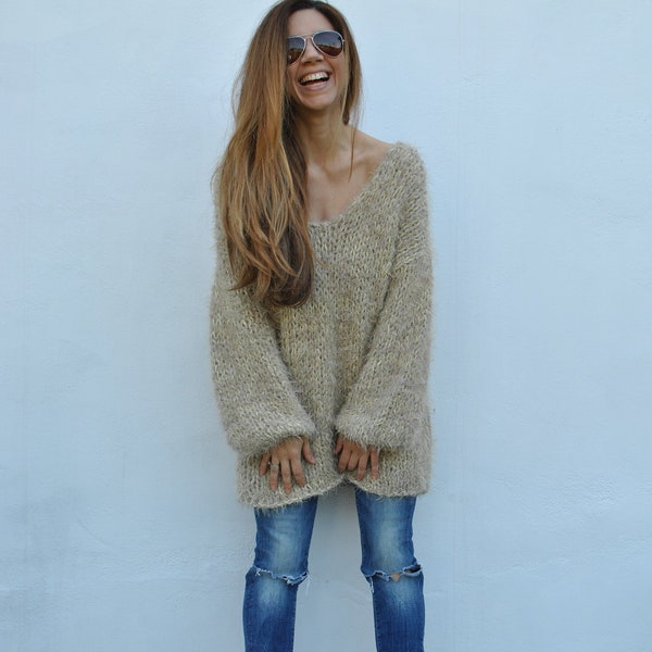 Oversized beige v-neck sweater dress, long jumper, open back sweater, v-neck pullover, oversize chunky knitted sweater, knit dress