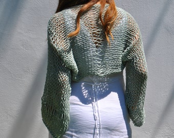 Groene pistache katoenen bolero met lange mouwen, losse gebreide bolero, veganistische schouderophalen, crop vest