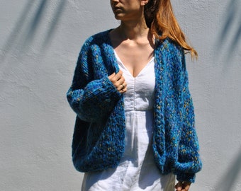 Blue tweed slouchy cardigan, chunky over-sized loose fitting sweater, women's casual chunky sweater