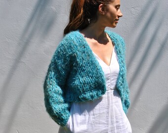 Hand Knit Turquoise Mohair Cardigan: Faux Fur Bomber with Puffy Sleeves