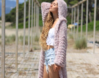 Over-sized chunky women's full length hooded cardigan in pale pink, long knitted cardigan, loose weave long sweater with hood