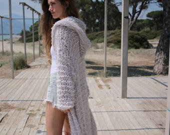 Oatmeal beige long knitted cardigan with hood, oversized soft and cozy loose weave sweater