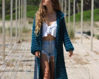 Long knitted cardigan, petrol-teal knit coat, oversized chunky women's full length cardigan, long overcoat, loose weave cardigan with hood