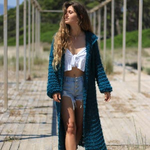 Long knitted cardigan, petrol-teal knit coat, oversized chunky women's full length cardigan, long overcoat, loose weave cardigan with hood