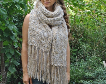 Beige scarf, long chunky scarf, hand knit beige/gold tweed scarf, womens winter gifts, chunky wrap, oversized scarf