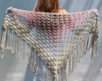 Crochet cotton wedding shawl pastel dusky pink, blue, ecru