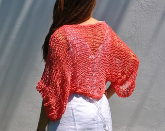 Coral summer shrug, chunky cotton, shear bolero, hand knitted sleeves, loose knit