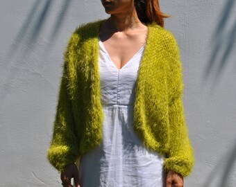 FLUFFY CASHMERE PUFF SLEEVES CARDIGAN WITH FAUX FUR COLLAR