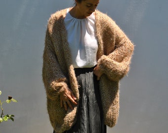 Over-sized chunky Beige cardigan, relaxed fit Faux fur and Mohair cardigan, big puffy sleeves