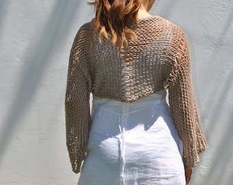 Beige long sleeve cotton shrug, hand knit bolero, vegan shrug, crop cardigan