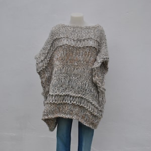 Oversized chunky knit sweater poncho in gray beige and ivory, slouchy poncho, bulky loose fitting cover-up, multicolored slouchy sweater