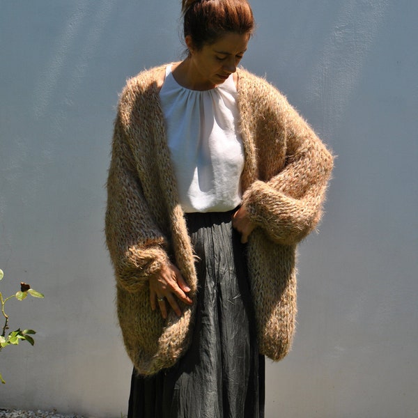 Over-sized chunky Beige cardigan, relaxed fit Faux fur and Mohair cardigan, big puffy sleeves