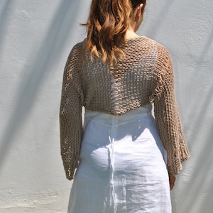 Beige long sleeve cotton shrug, hand knit bolero, vegan shrug, crop cardigan