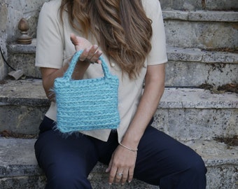 Turquoise small hand bag, from recycled yarn