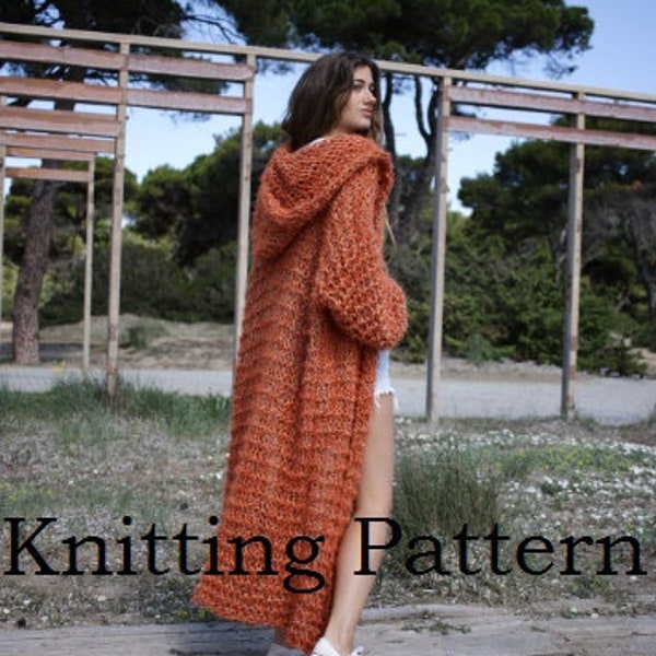 How to knit an over-sized long cardigan with hood, easy pattern, chunky full length sweater pattern, PDF pattern