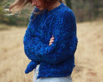 Blue hand knit cardigan, royal blue cardigan, chunky knit jacket, cropped cardigan, women's handknit sweater, loose knit bulky jacket