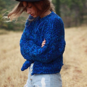 Blue hand knit cardigan, royal blue cardigan, chunky knit jacket, cropped cardigan, women's handknit sweater, loose knit bulky jacket