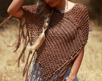 Brown poncho, copper brown chunky knit poncho, handmade women's poncho, loose knitted wrap, brown fringed capelet, boho chic cape
