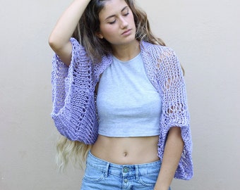 Lavender shrug, hand knit shrug, cropped cardigan, open knit cover up, cotton bolero, loose weave shrug, loose knit shrug, boho style shrug