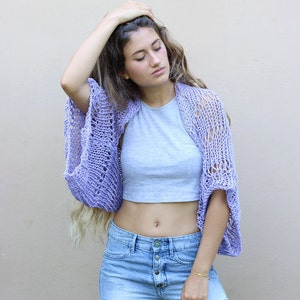 Lavender shrug, hand knit shrug, cropped cardigan, open knit cover up, cotton bolero, loose weave shrug, loose knit shrug, boho style shrug image 1