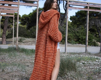 Long Knitted Cardigan Petrol Teal Knit Coat Oversized Chunky