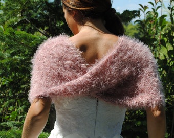 Dusky rose blush hand knitted wrap, pink faux fur bridal wrap, faux fur cover up, knit capelet, Vegan, wedding wrap, rose sweater
