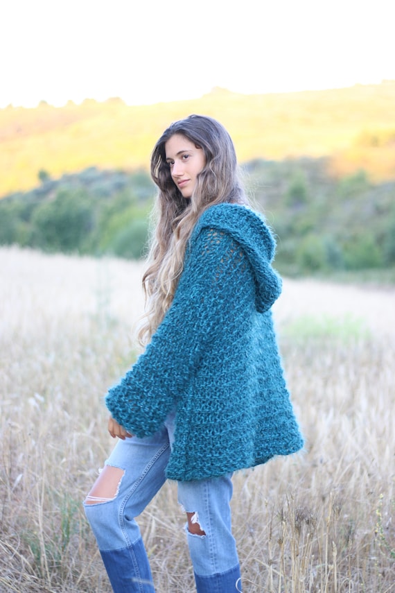 Knitted Cardigan, Petrol-teal Mid-thigh Sweater, Oversized